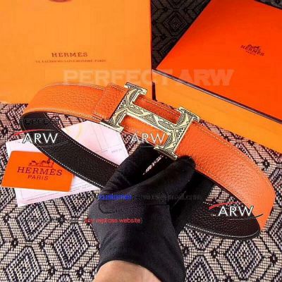 Perfect Replica Hermes Orange Leather Belt With Pattern Gold Buckle